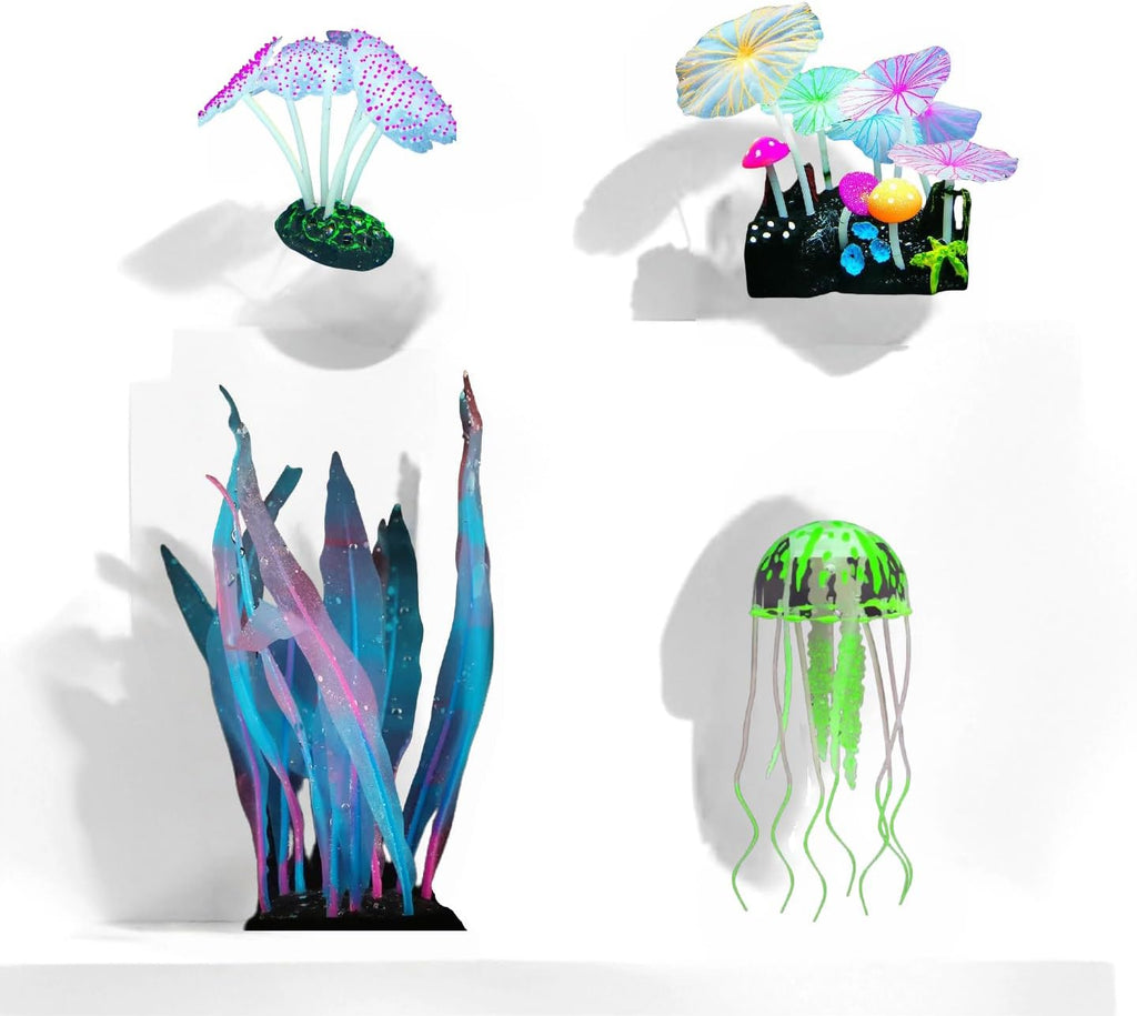 4-Pack Silicone Fluorescent Aquarium Plants & Decor - Realistic Jellyfish, Mushrooms for All Fish Tanks, Essential Decorations