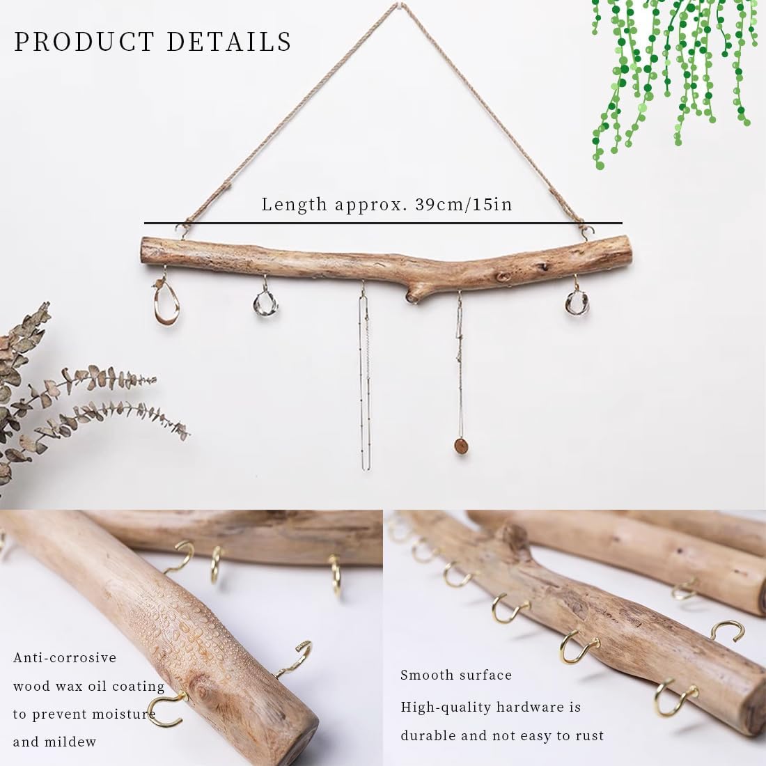 HLQHXWHZT Driftwood for Crafts Natural Driftwood Decorative Branches Home Wall Hanging Decor Jewelry Organizers with 5 Hooks (15 Inch)