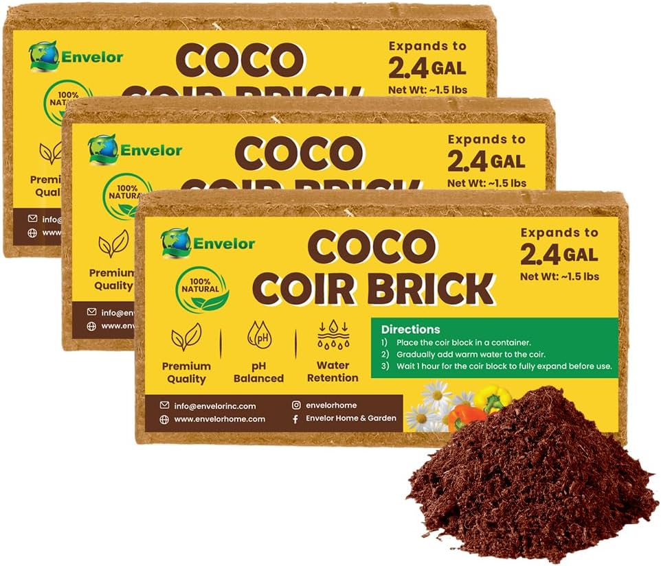 Coco Coir for Plants 3-Pack – 2.4 Gallons Compressed Coconut Coir Bricks, 10 lb. Organic, Low EC, pH Balanced Coco Peat for Indoor & Outdoor Gardening, Potting Soil, Indoor Plant Soil