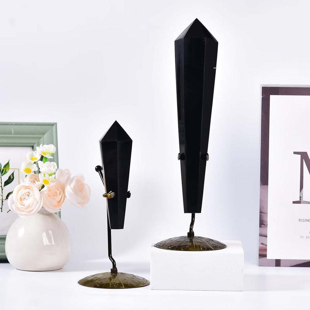 Obsidian Wand Point Long Healing Crystal Scepter Decorative Stone Reiki Meditation with Display Stand Home Office Decor 0.6-0.8LBS