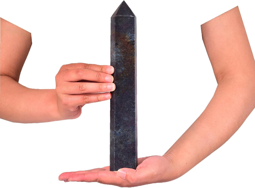 JIC Gem Large Healing Crystal Wand 6 Faceted Blue Green Ruby Zoisite Obelisk Tower Reiki Chakra Meditation Therapy Decor Crystal Gift 2.2-2.6 Lbs