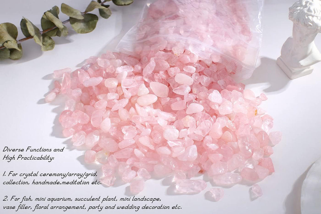 Rose Quartz Crystal Gravel Polished Chips Crushed Stones Healing Bulk Natural Tumbled Rocks Gem Home Decoration Small Pebbles for mini Aquarium Tank Plants Landscape Vase Filler Bottom Ornament 0.55lb
