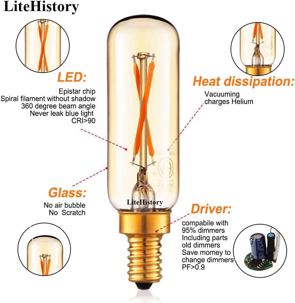 LiteHistory Dimmable T6 led Bulb 25W Candelabra led 2200K Amber 120lm 2W e12 T25 led Bulb 6Pack