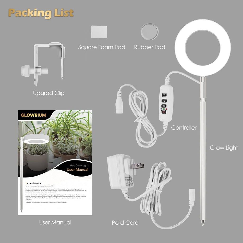 GLOWRIUM Grow Lights for Indoor Plants, Full Spectrum LED Grow Light Floor Lamp with Stand Adjustable Height and Angle, Black Plant Light with 3/9/12H Grow Light Timer (White, 12W)