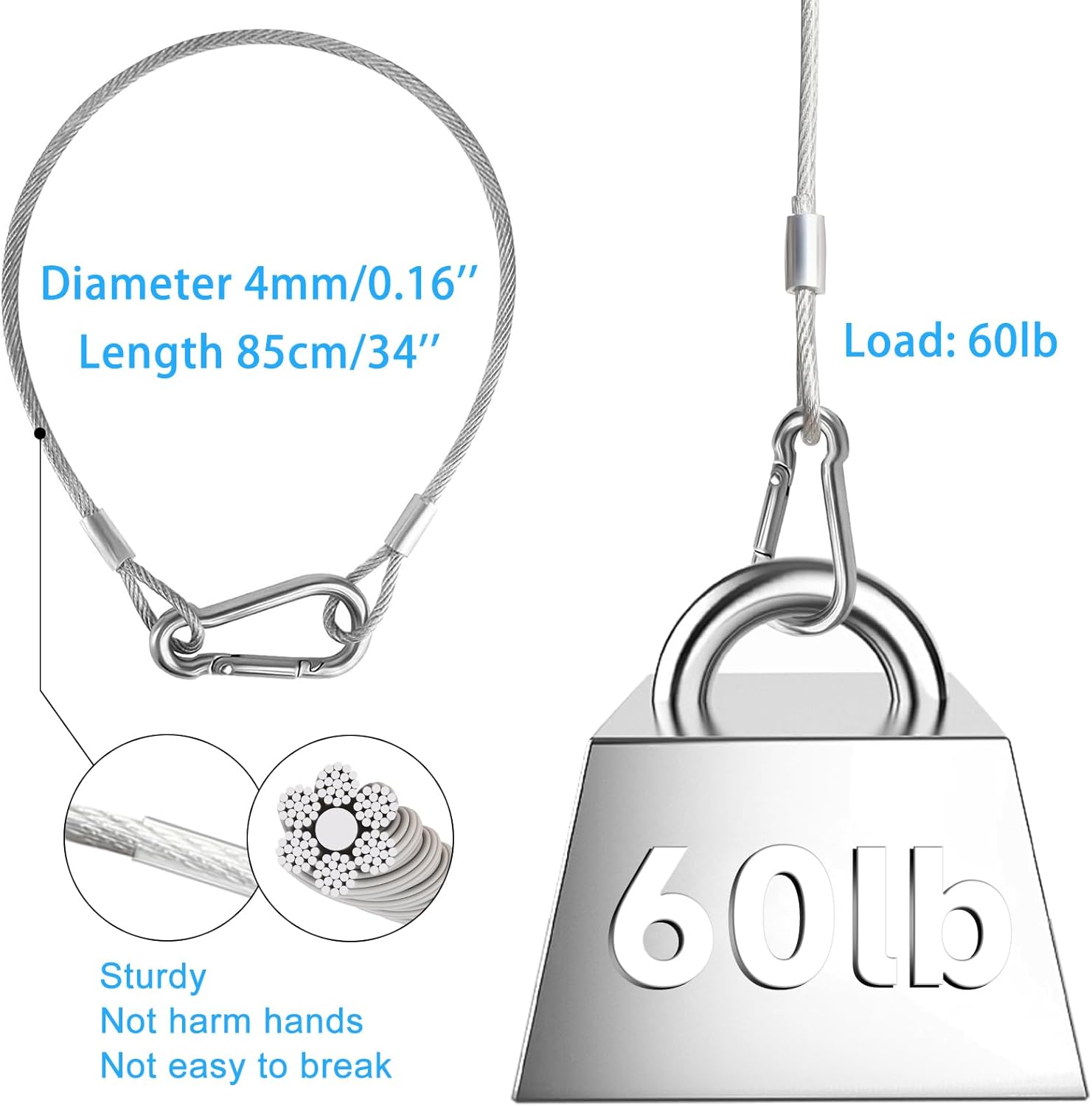 4Pack Lighting Safety Chain Cable Truss Clamps for Lights, Silvery Stainless Steel Lanyard Stage Lights Safety Chains, Security Cable with Loops（Diameter 4mm/0.16'',Length 85cm/34'',Load 60lb