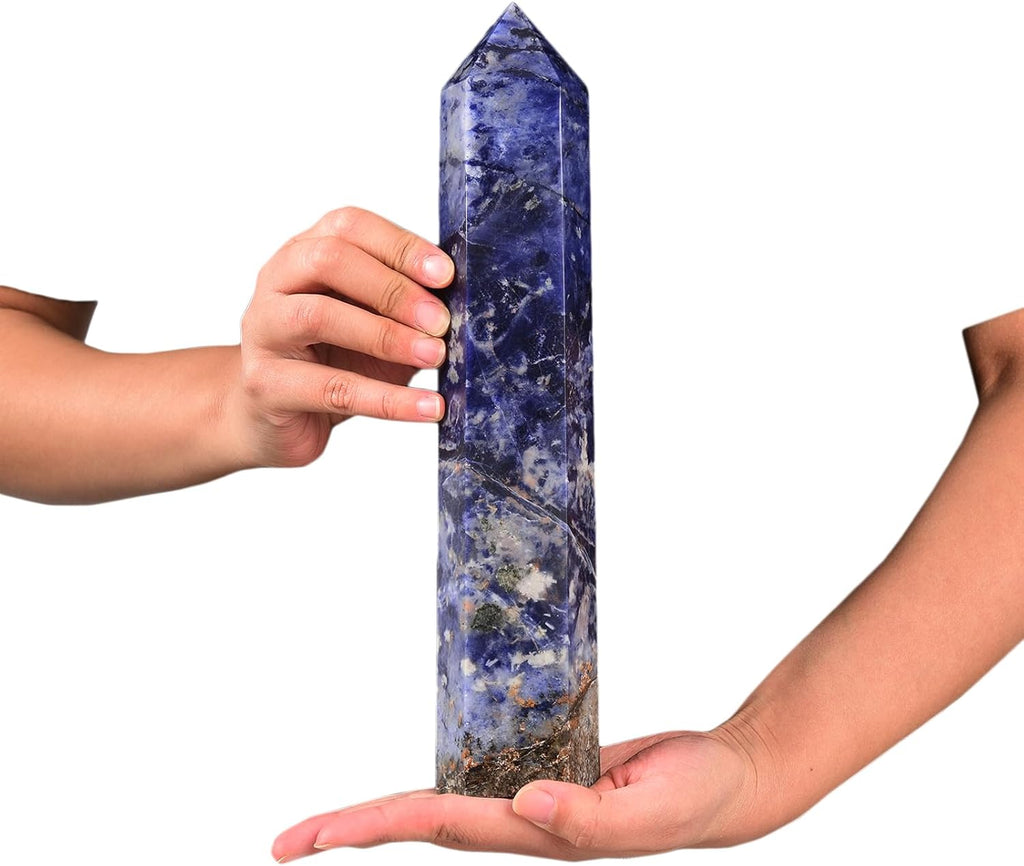 JIC Gem Extra Large Blue Sodalite Obelisk Tower Points Natural Healing Crystal Wand 6 Faceted Blue-Veins Stone Quartz Crystals Tower Wand Home Decor Reiki 3.0-3.5 Lbs