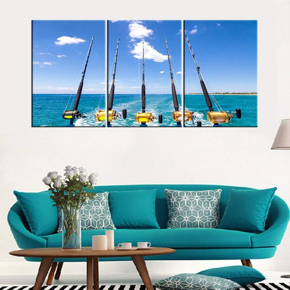 Kitchen Pictures Wall Decor Fishing Rod and Reel Paintings for Living Room Tropical Ocean Scape Artwork 3 Piece Canvas Wall Art House Decorations Framed Ready to Hang Posters and Prints(48''Wx24''H)
