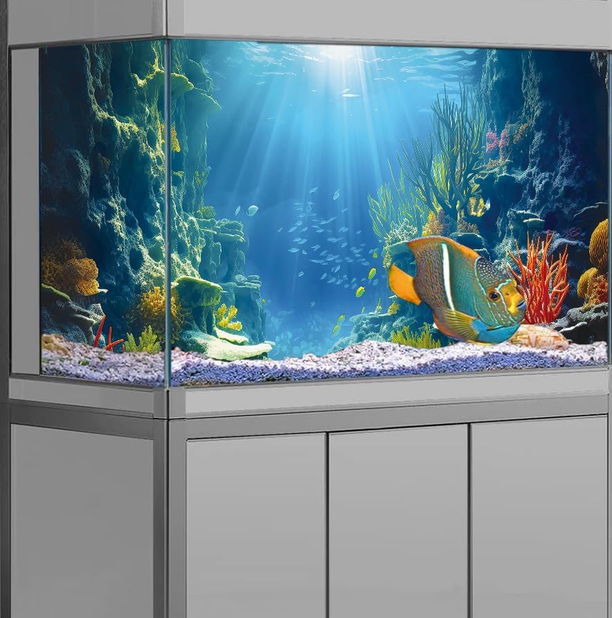 48X20IN Blue Sea Floor Aquarium Background, Natural Underwater World 3D Effect Fish Tank Decorations Background, Art Terrarium Background with 8 EVA Double-Sided Tape