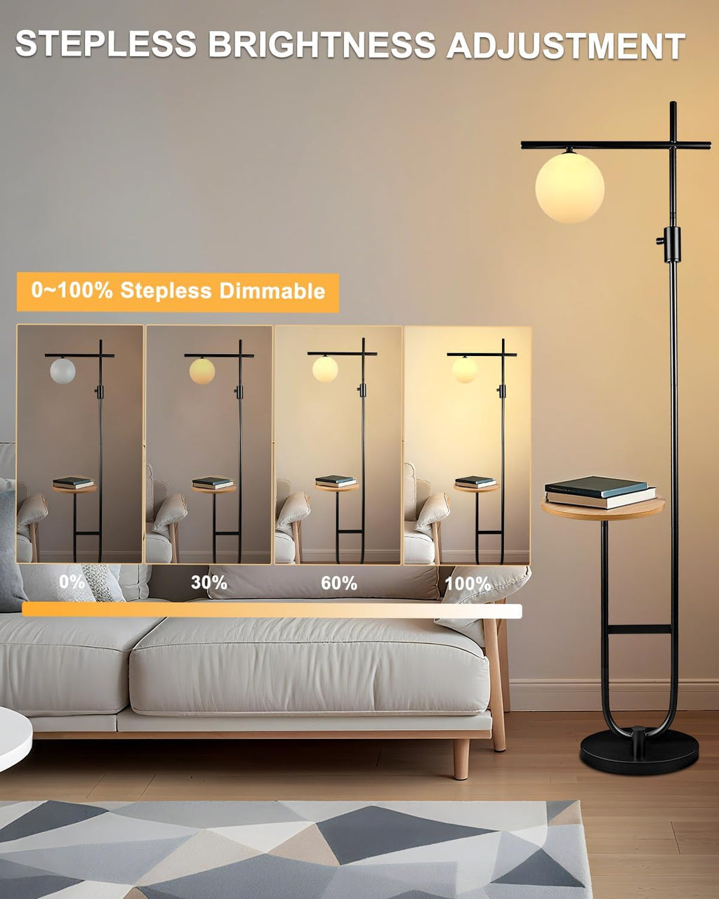 Lightdot 66IN Black Dimmable Floor Lamps with Storage Table, Modern Standing Tall Lamp with Milky White Globe Lampshade, Cross-Shaped Lamp Head and U-Pole Base Style for Living Room/Bedroom/Office
