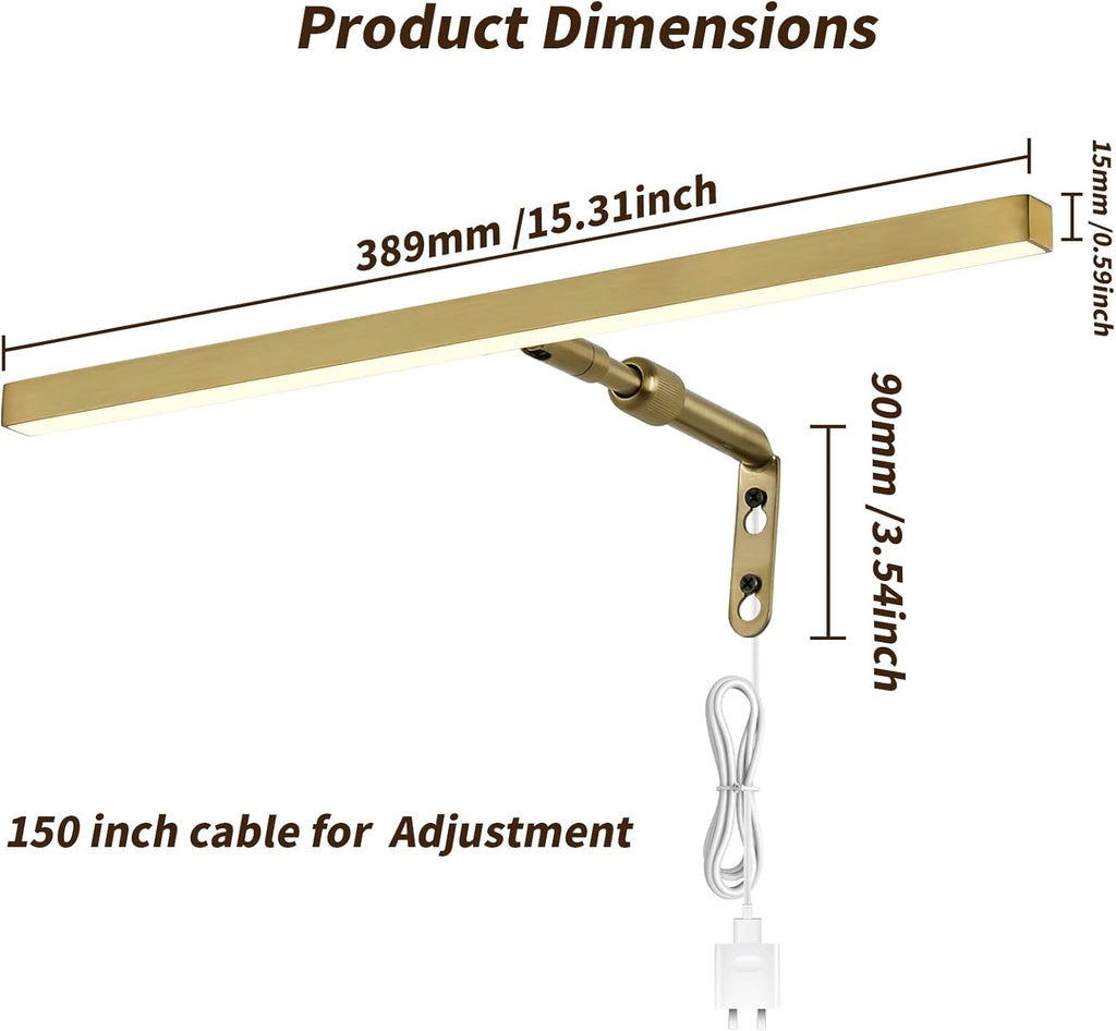 2 Pack Brass Picture Lights for Paintings Plug in, 16" 4W Adjustable LED Gold Picture Light Art Light, Remote Control Gallery Painting Wall Light for Picture Display Dartboard Art Work (Gold)