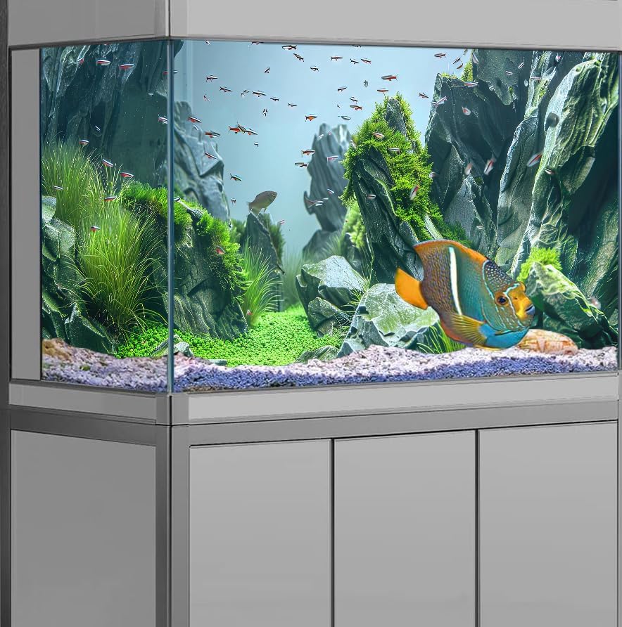 Marine Aquarium Background, Sea Rock Green Landscape Fish Tank Background, Nature Photo Terrarium Background 60X24IN with 8 EVA Double-Sided Tape