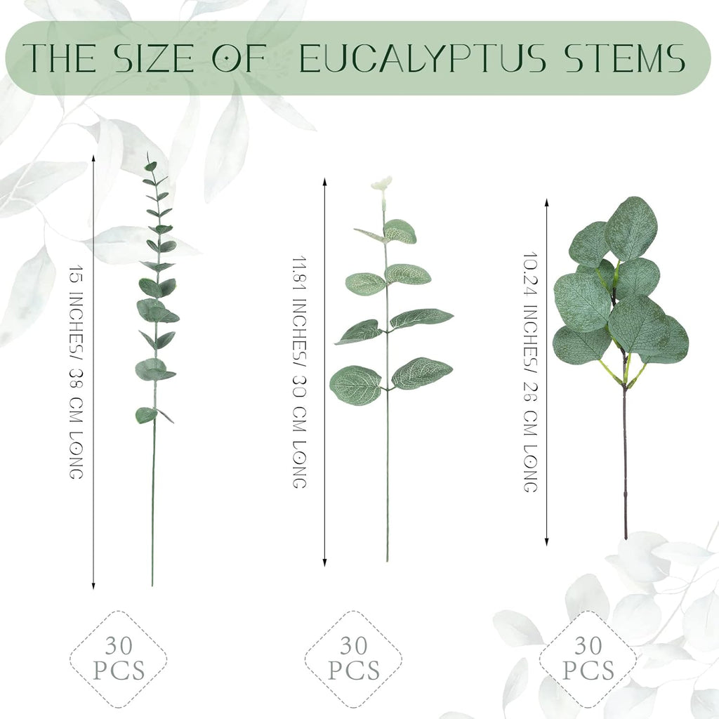 Giegxin 90 Pcs 3 Kinds Mixed Eucalyptus Leaves Stems Bulk Artificial Silver Dollar Leaves Picks Dried Eucalyptus Bundle Faux Spray for Wedding Vase Bouquet Floral Arrangement (Green)