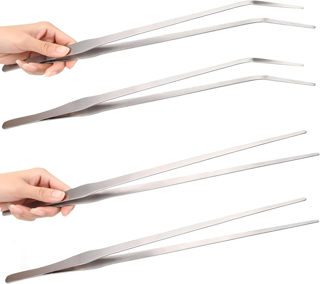 Long Aquarium Tweezers 15 inch - 4 Pcs Stainless Steel Crafts Tweezer Curved & Straight Design with No Slip Tips, Reptile Feeding Tongs, Terrarium Aquascape Tools Snake Bearded Dragon Tank Accessories