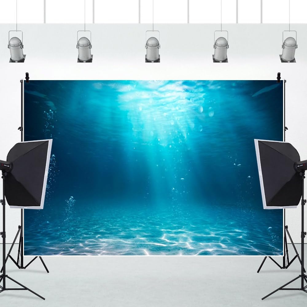 Renaiss 6x4ft Underwater World Backdrop Deep Blue Water Sun Ray Bubbles Background Undersea Sunlight Seascape Ocean Diving Mermaid Summer Party Banner Fish Tank Aquarium Decors Photo Booth Props