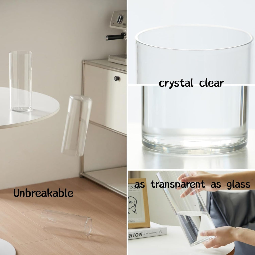 3 Large Acrylic Clear Cylinder Vase Set with 2 Spiral Ikebana Stem Holder Ring, Unbreakable Tall Plastic Hurricane Vases for Wedding Centerpieces Flower Bouquet Decor (3 Vases + 2 Holder)