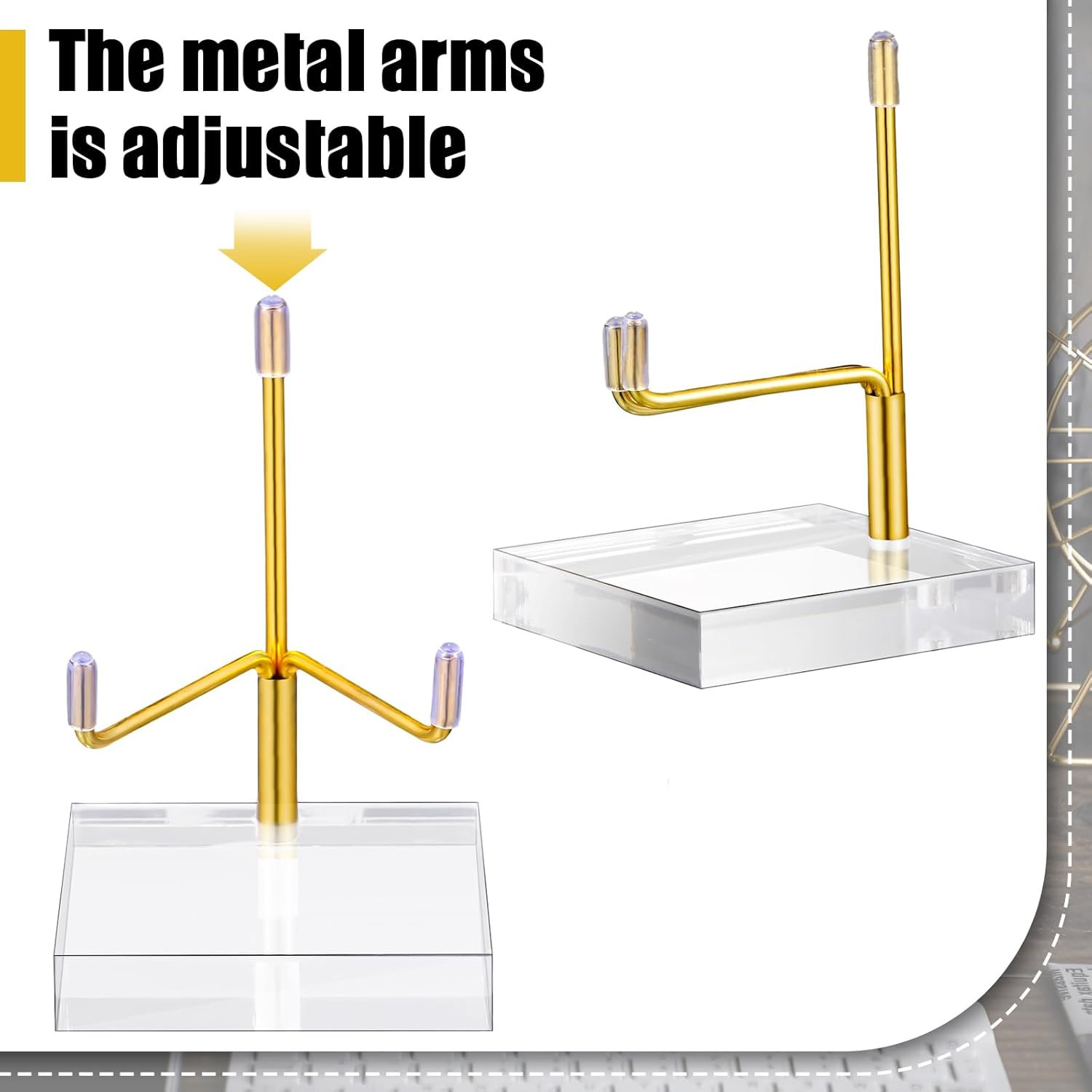 Kigley 8 Pcs Adjustable Metal Arm Display Stand Crystal Holder Easel Display with Acrylic Base Easel Rock Mineral Stand for Geodes Mineral Agate Collection (Gold,2.36 x 2.36 x 3.54 Inches)