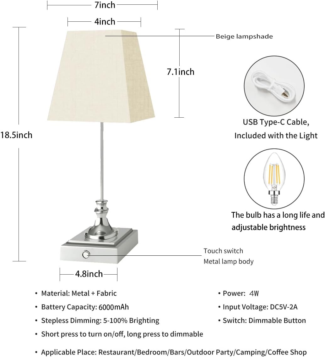 Rechargeable LED Table Lamps with Stepless Touch Control,Light Sliver Cordless Lamp for Living Room&Bedside&Patio&Shower,Small Desk Lamp(6000mAH Battery),1 Pack for Home Decor,Best Gifts for Family