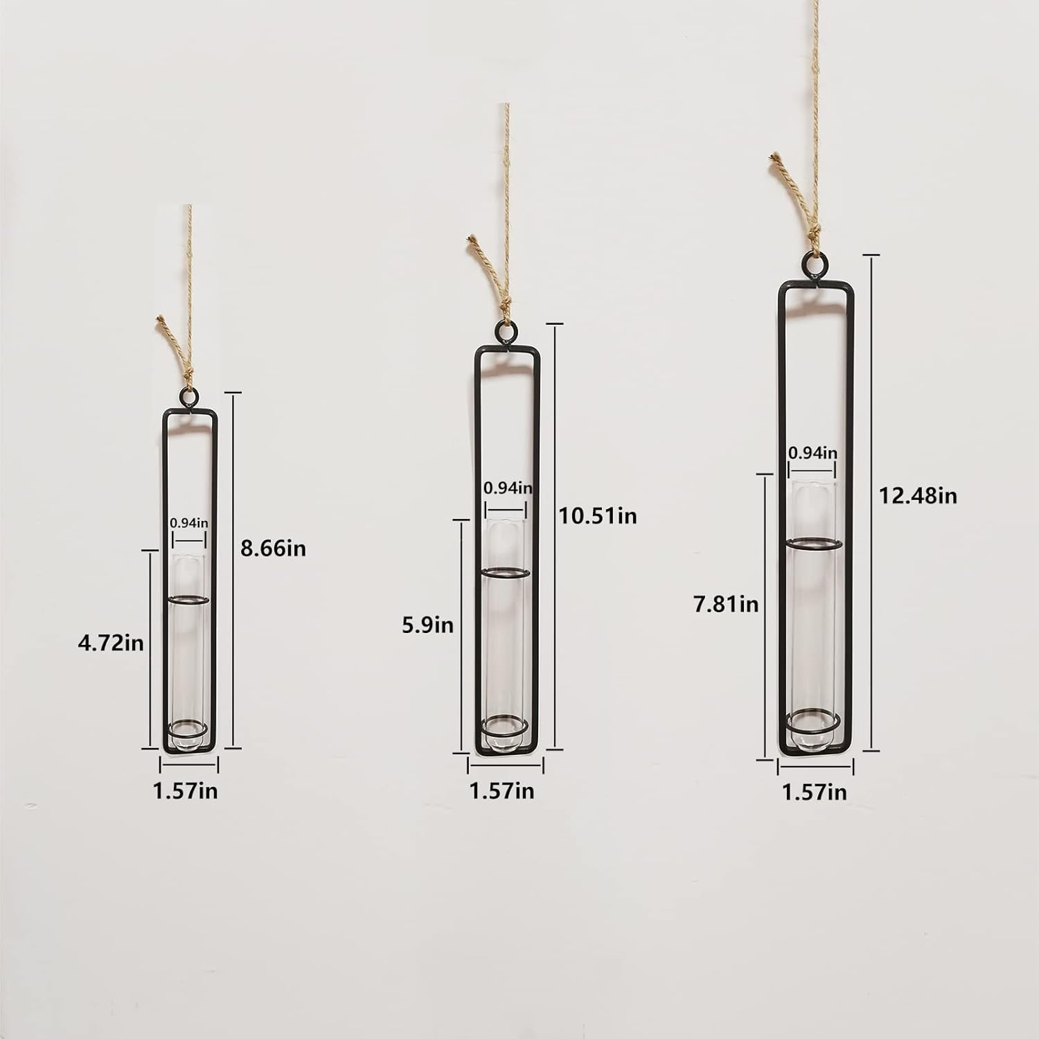 3 Pieces Hanging Glass Hydroponic Planter Transparent Test Tube Plant Vase Terrarium Container for Indoor Outdoor Modern Home Decoration (Black)