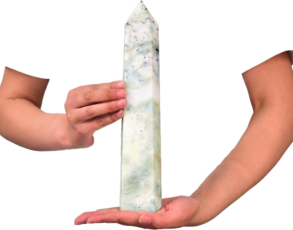 JIC Gem Natural Large Phoenix Pine Obelisk Quartz Crystal Wand Tower Point 6 Faceted Column Chrysocolla Crystal Healing Wand Reiki Decor 2.6-3.0 Lbs