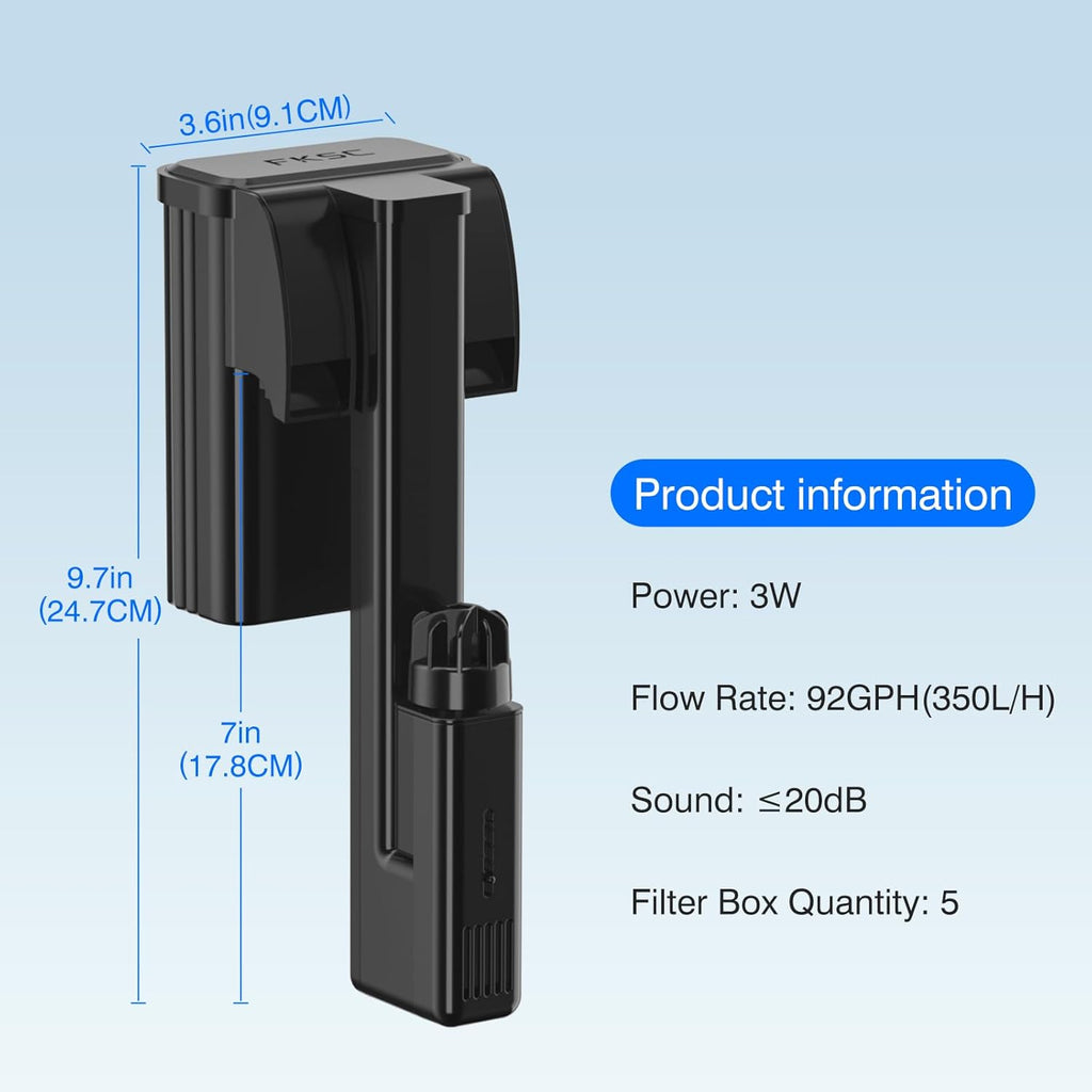 Hang On Back Aquarium Filter Up 10 Gallons Fish Tanks, 2-Stage Multi-Stage Filtration with Surface Skimmer, Ultra Quiet HOB Power Waterfall Filter for Freshwater