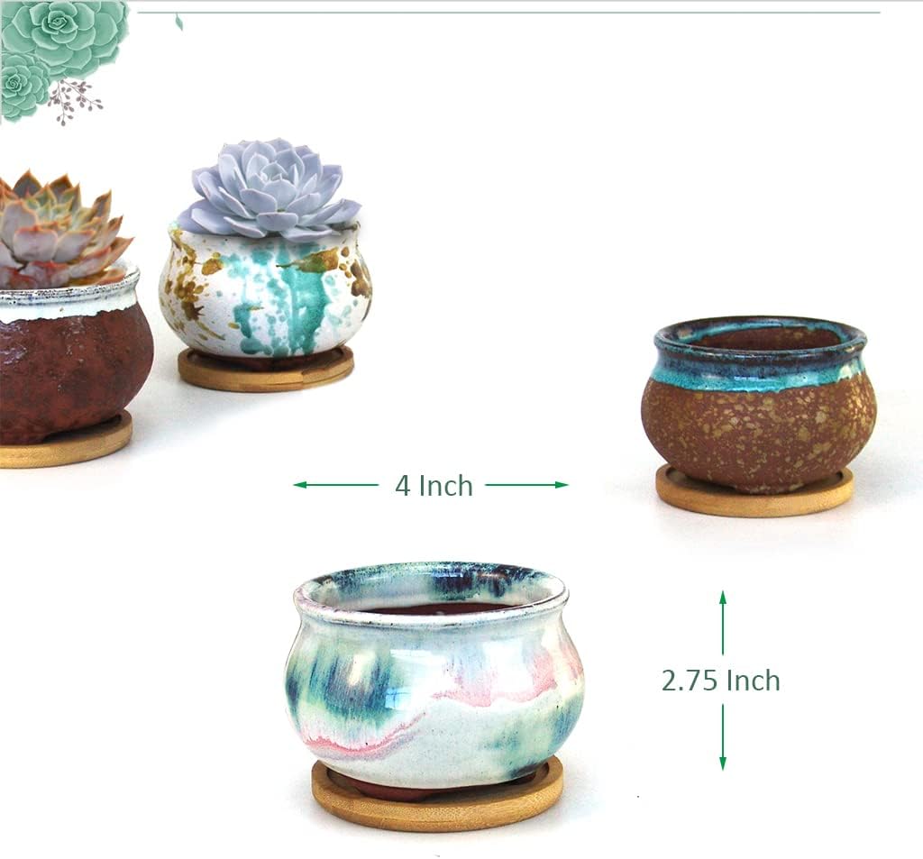 Succulent Pot 4 Inch Hand Glazed Plant Pot Round Ceramic Succulent Planter with Drainage and Saucer Cactus Clay Pot Set of 4