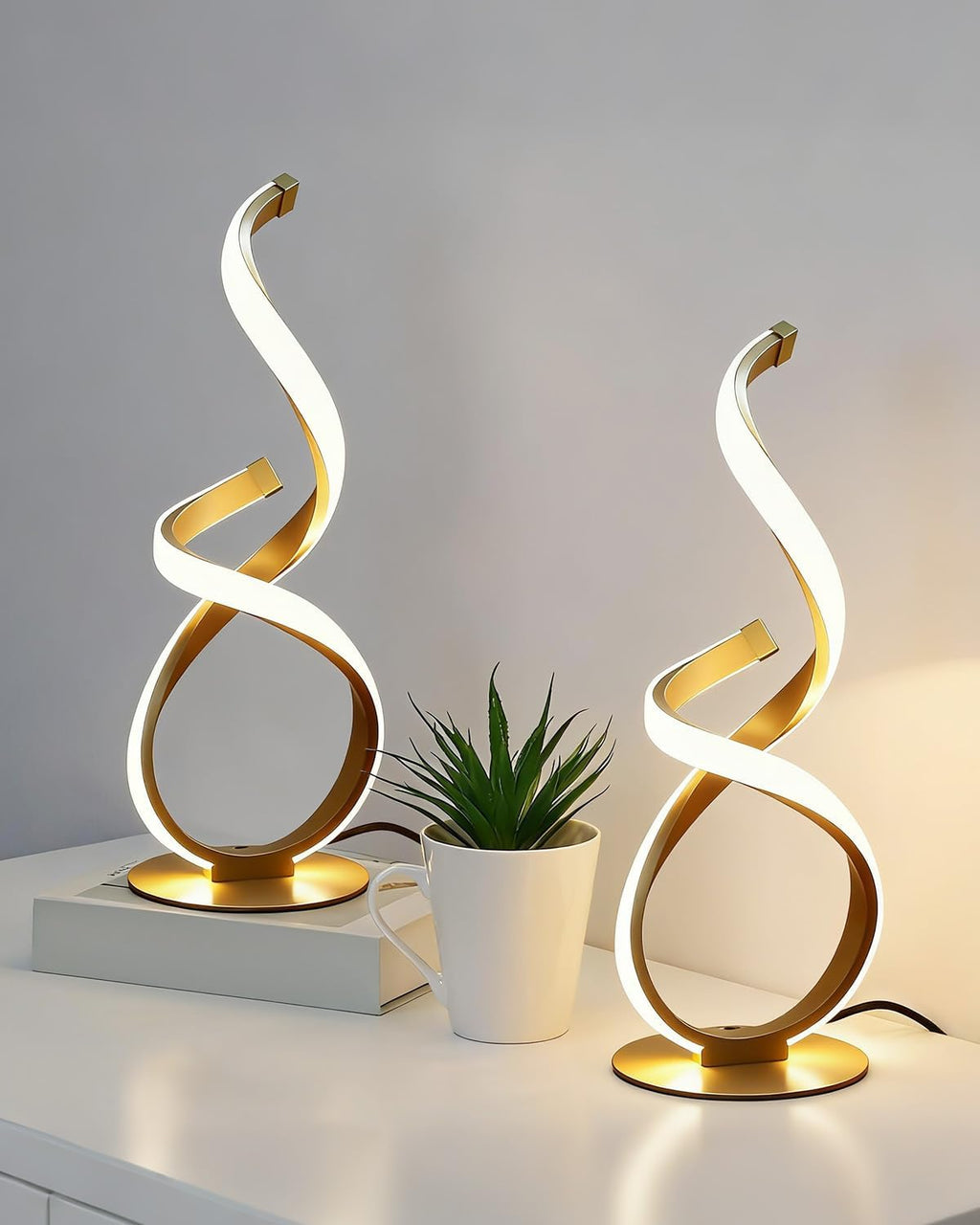 2 Pack Bedside Table Lamp, LED Spiral Desk Lamp, Touch Dimmable, 3 Color Temperature, Modern Nightstand Light for Night Stands, Unique Side Light for Bedroom, Living Room, Gold