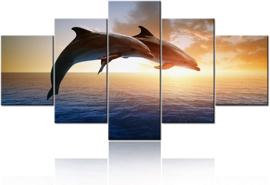 Wall Art for Living Room Two Dolphins over Sea Pictures Marine Wildlife Paintings 5 Piece Printed on Canvas Sunset Red Artwork House Modern Decor Framed Gallery-Wrapped Ready to Hang(60''Wx32''H)