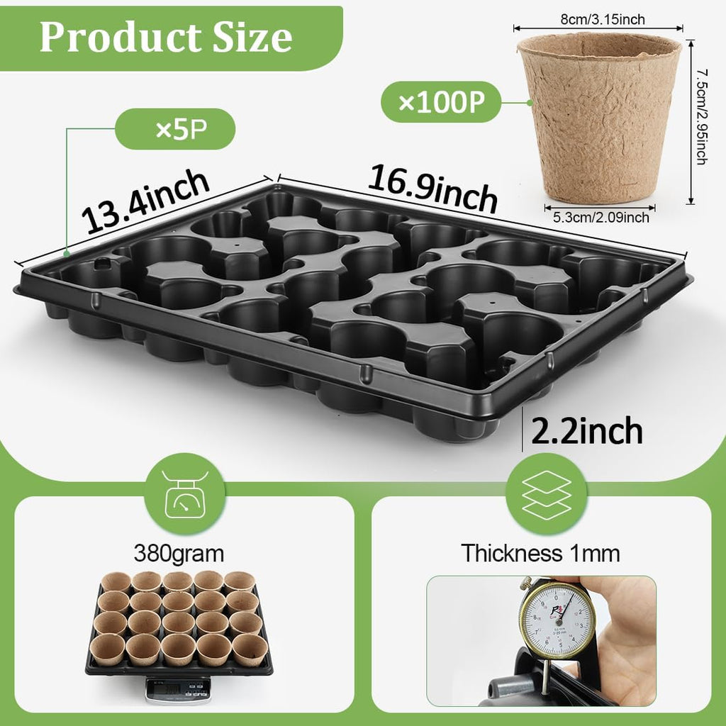 3.15 Inch Peat Pots 100 Pcs with 20 Cell Seedling Trays 5 Pcs, Biodegradable Seed Starter Pots with Drainage, Reusable Nursery Tray for Seed Starting Indoor Gardening Propagation Kit 5 Sets