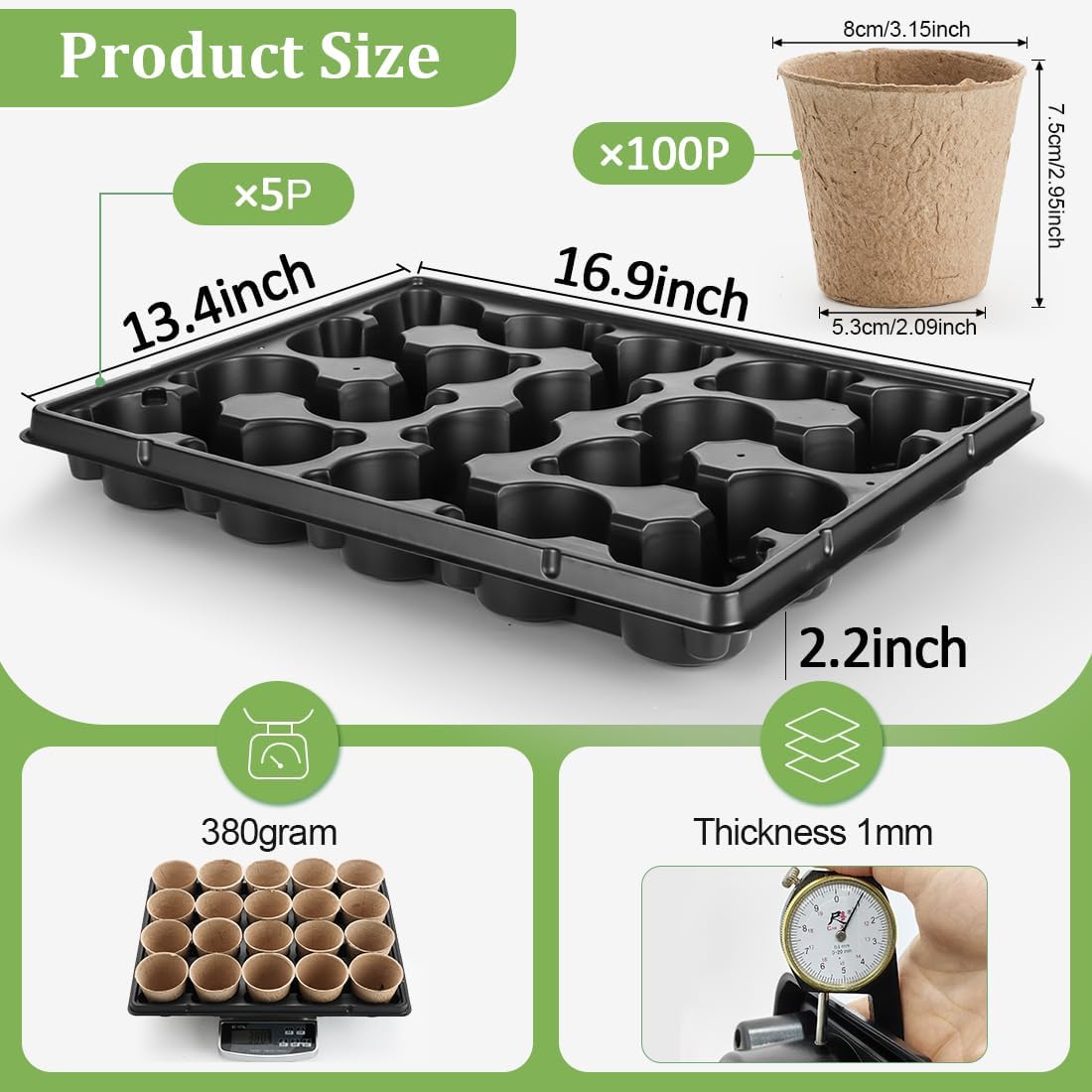 3.15 Inch Peat Pots 100 Pcs with 20 Cell Seedling Trays 5 Pcs, Biodegradable Seed Starter Pots with Drainage, Reusable Nursery Tray for Seed Starting Indoor Gardening Propagation Kit 5 Sets