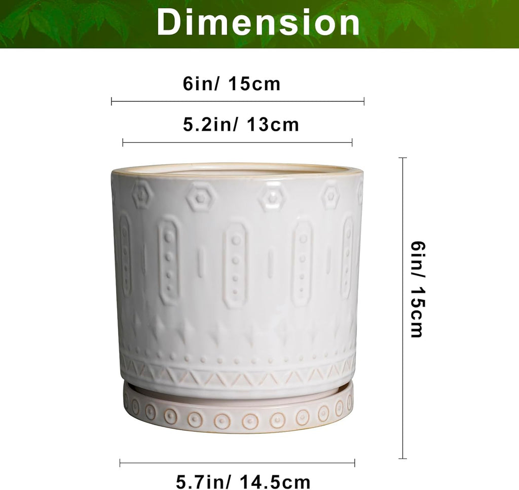 Pot for Plants 6 Inch - Ceramic Planter for Indoor Plants Decorative Plant Pot with Drainage Holes and Saucer Outdoor Flower Pot Modern Succulent Pots for Office Desk Decor White