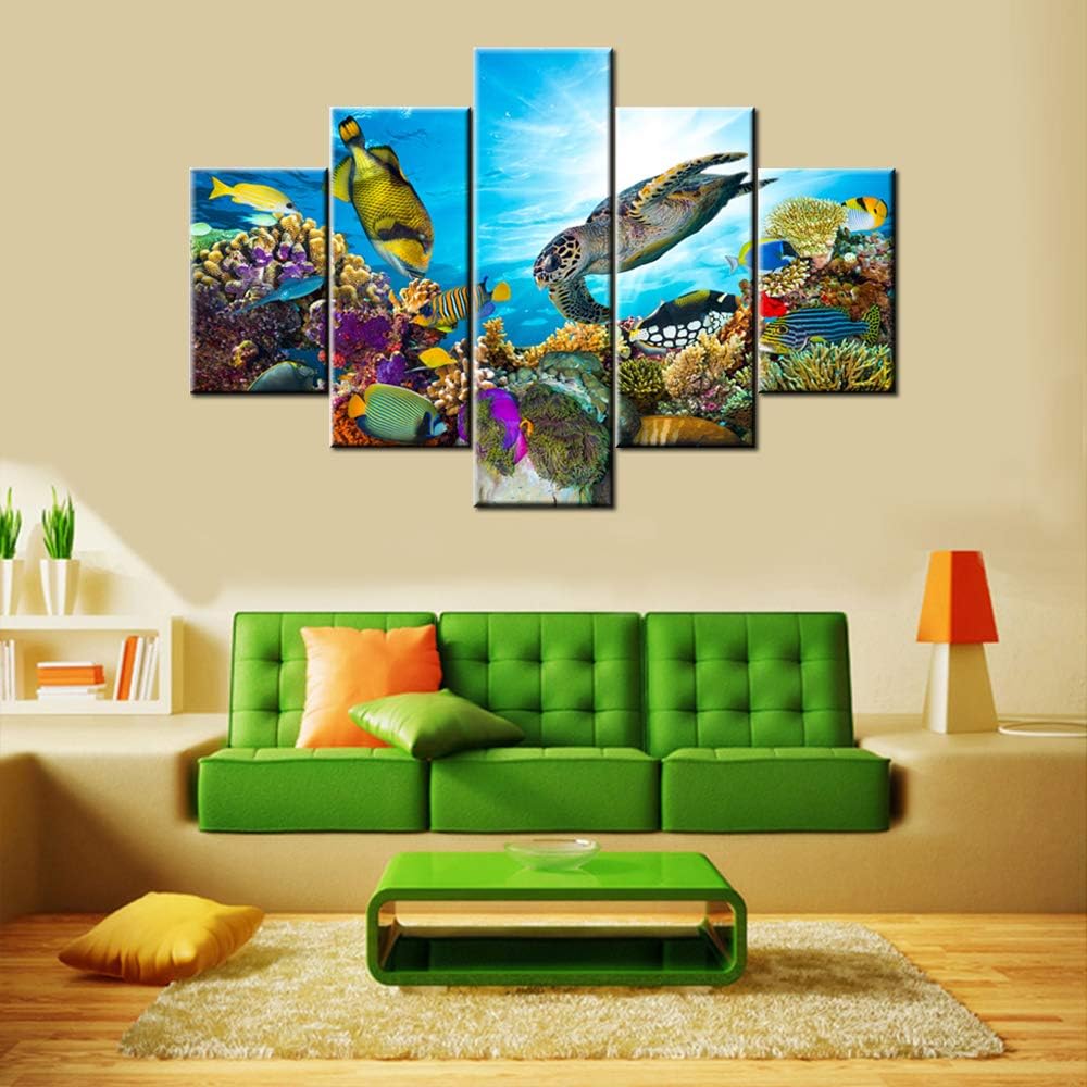 Undersea Canvas Art Wall Coral and Many Fishes Pictures Sealife Painting 5 Panel Colorful Wall Art House Decor Sea Turtle Artwork Framed Ready to Hang in Living Room Poster and Prints(60''Wx 40''H)