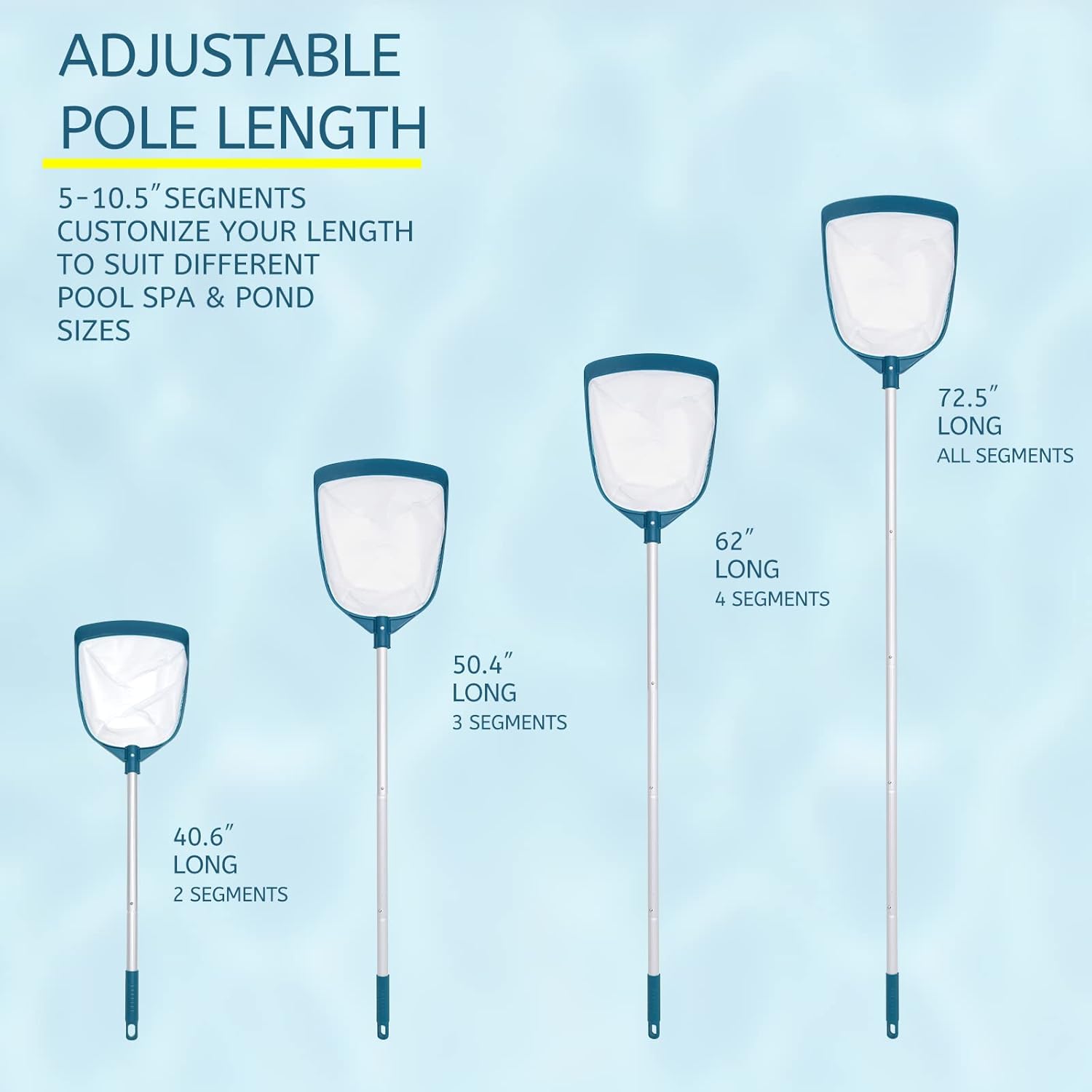 POOLWHALE Upgrades Swimming Pool Leaf Net Skimmer Rake with Adjustable Aluminum Pole and Nylon Medium Fine Mesh for Cleaning Swimming Pools, Hot Tubs, Spas and Fountains