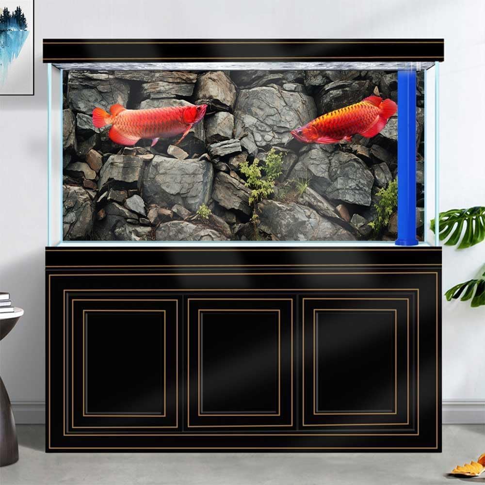 24X12IN Stone Aquarium Background, Rock Fish Tank Background, Natural Rocky Glass Terrarium Background with 8 EVA Double-Sided Tape