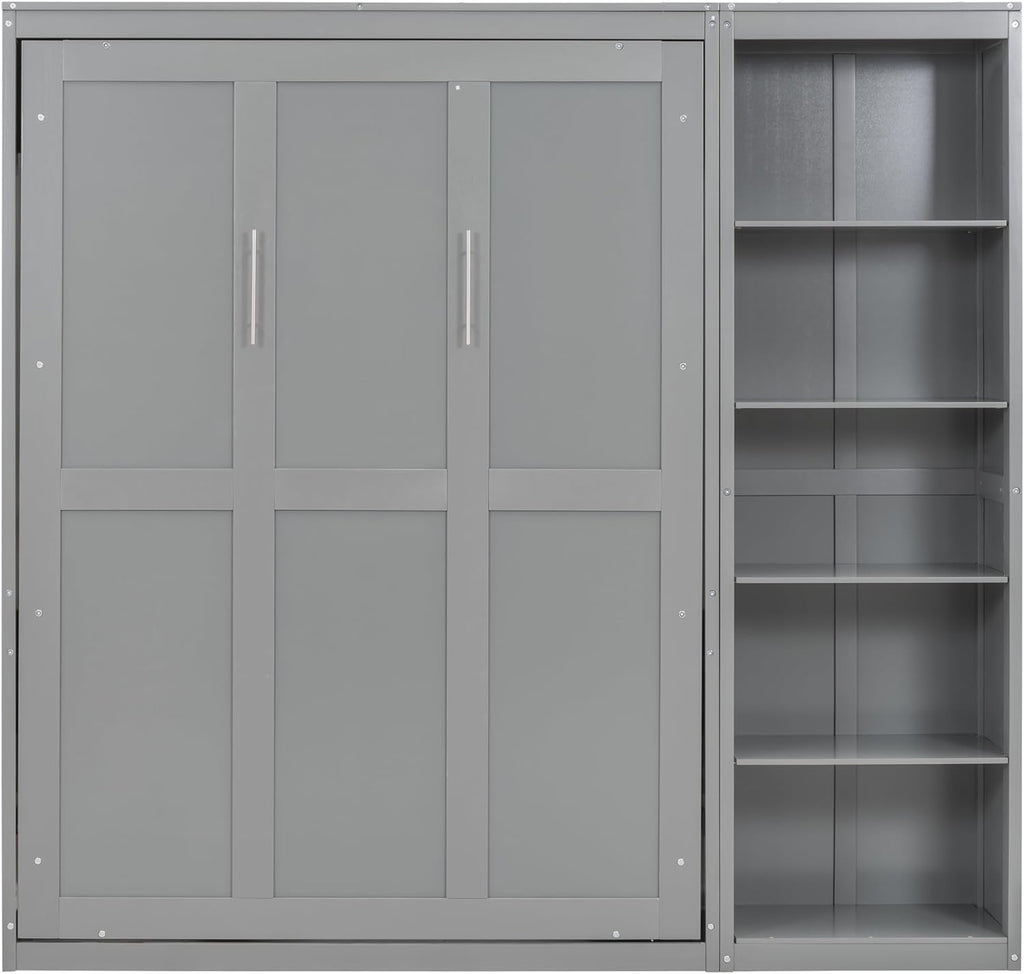 MERITLINE Full Murphy Bed with Storage Bookcase Shelves,Wood Folding Grey Murphy Wall Bed Cabinet
