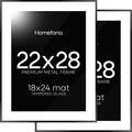 Homeforia 22x28 Poster Frame Black, High End Metal 22 x 28 Large Picture Frames with Mat 18 x 24 for Photo, 22x28 Thin Frame Matted to 18x24 inch Print, 28x22 Frame, Tempered Glass, Wall Kit, Set of 2