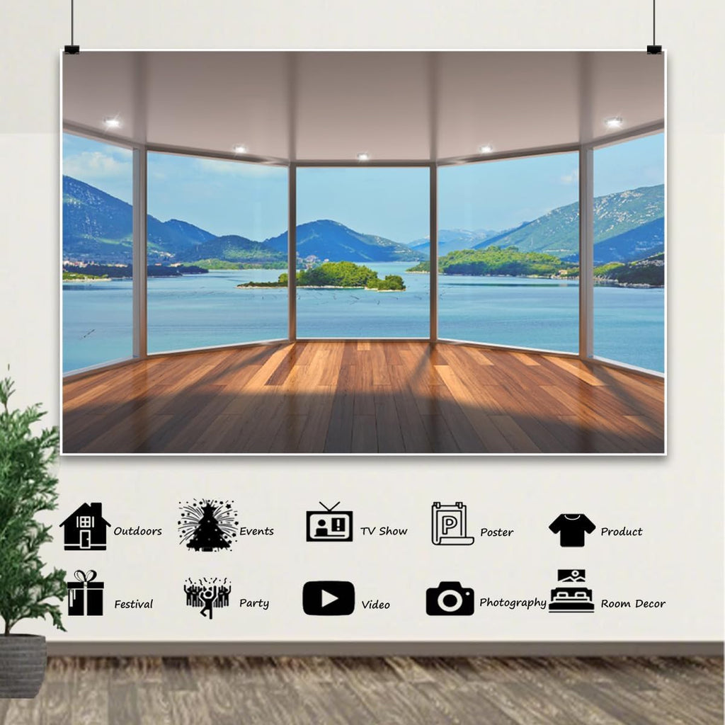 5x3ft Beach Backdrop Summer Tropical Wood Balcony Window View Natural Landscape Blue Sky White Cloud Photography Background Party Holiday Birthday Wedding Studio Photo Props Polyester