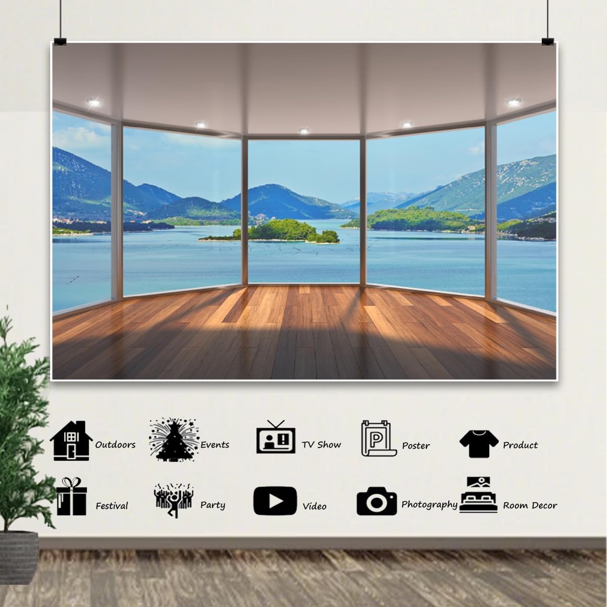 5x3ft Beach Backdrop Summer Tropical Wood Balcony Window View Natural Landscape Blue Sky White Cloud Photography Background Party Holiday Birthday Wedding Studio Photo Props Polyester
