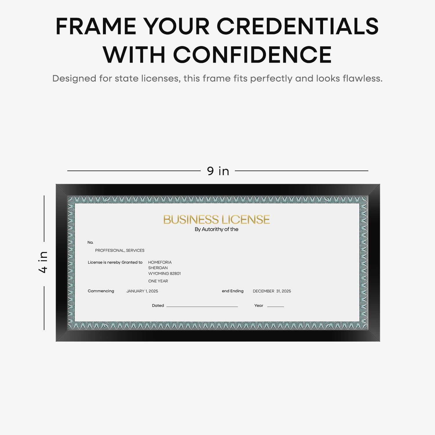 Homeforia 4x9 Business License Frame Black, High End Metal 4 x 9 Certificate Frames with Real Glass, 9x4 Document Frames for Wall or Tabletop, 4 by 9 Picture Frames, Tempered Glass, Wall Kit, Set of 1