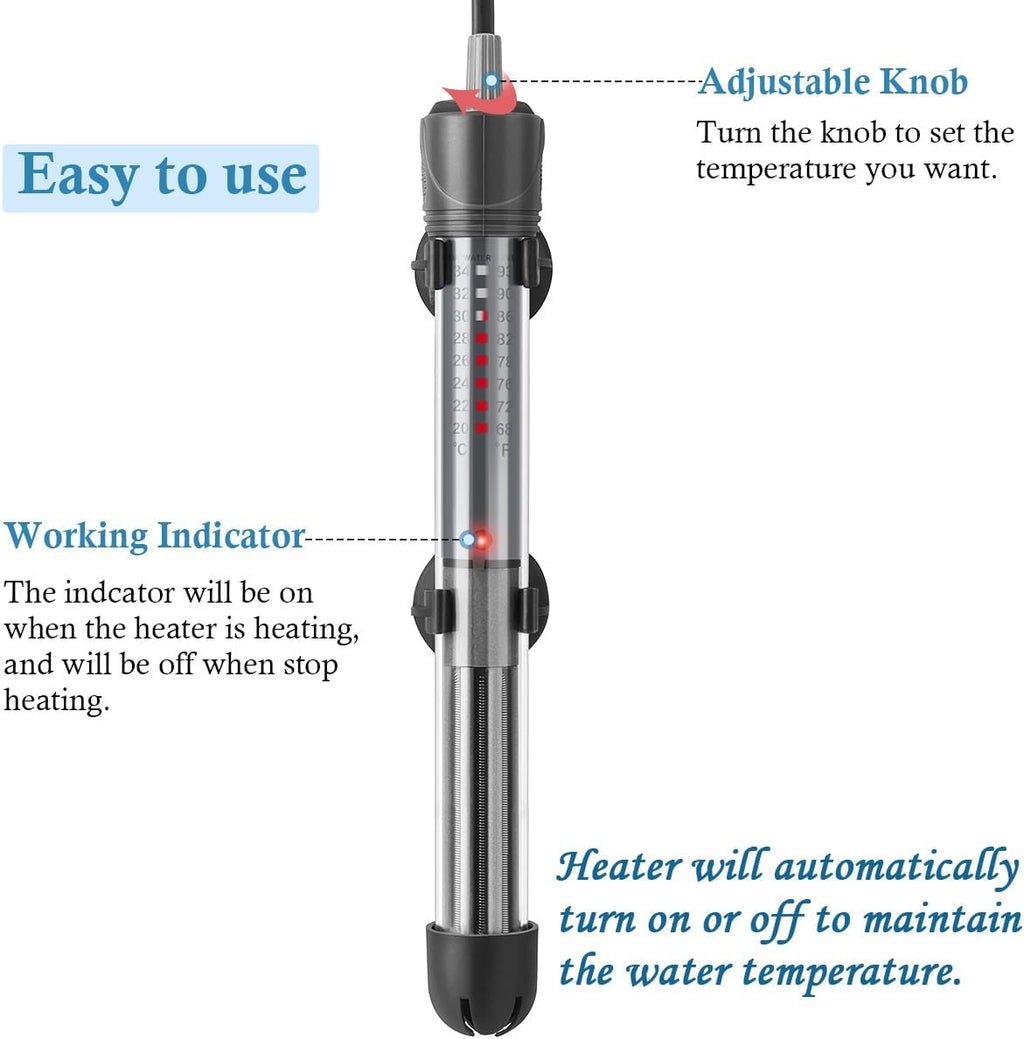 HITOP 25W 50W 100W 200W 300W Adjustable Aquarium Heater, Submersible Fish Tank Heater Thermostat with Suction Cups (100W-grey)