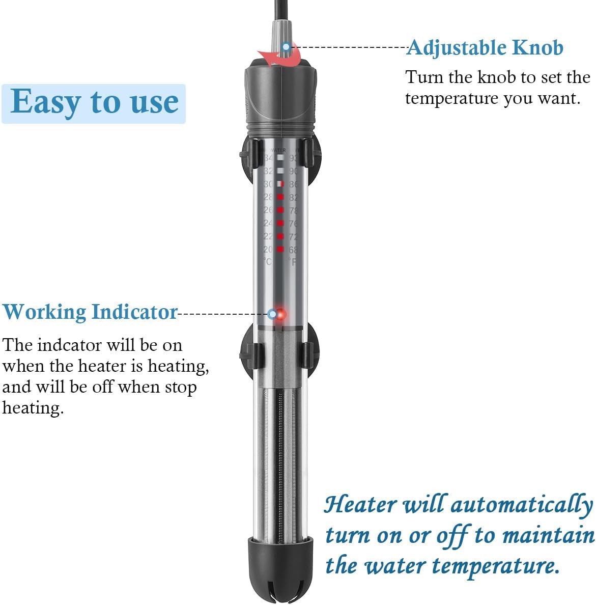 HITOP 25W 50W 100W 200W 300W Adjustable Aquarium Heater, Submersible Fish Tank Heater Thermostat with Suction Cups (100W-grey)