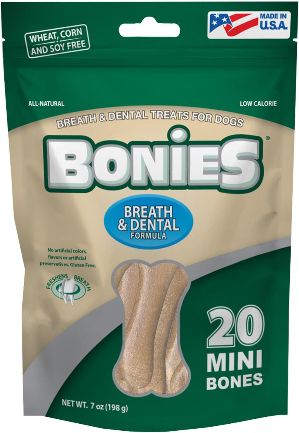 Bonies Natural Breath and Dental Formula Minis-Sized Single Bone - All-Natural Ingredients, Fresh Breath, Cleans Teeth, Low Calories, Chicken Flavor, MINI Dogs, 20 Bones