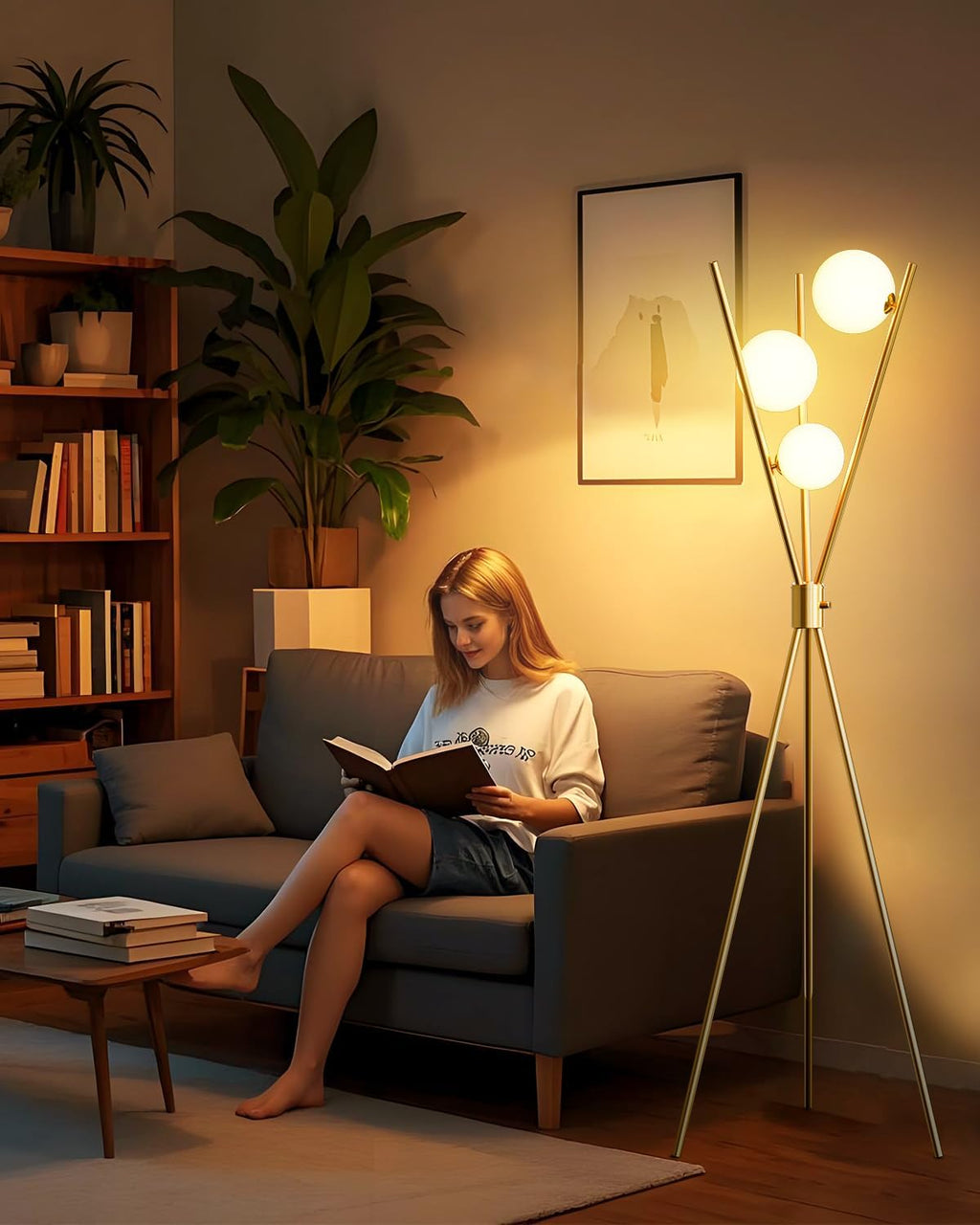 Lightdot Tripod Floor Lamp Stepless Dimmable Globe Modern Floor Lamp Gold Standing Lamps with 3PCS 3000K G9 Bulbs Stable Base Mid Century Floor Lamps for Living Room