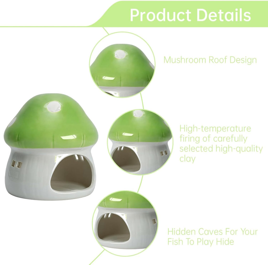 Mushroom Fish Tank Decor, Fish Cave for Aquarium Ceramics Betta Hideout Decoration Cottage Ornament Goldfishes Pleco Cave Hideaway Spawning Decor - Green