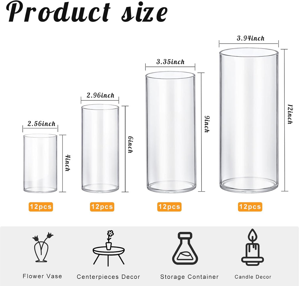 48 Pack Thick Glass Cylinder Vases 4,6,9,12 Inch Tall Clear Flower Vase Hurricane Floating Candle Holder for Table Centerpiece Wedding Home Decor
