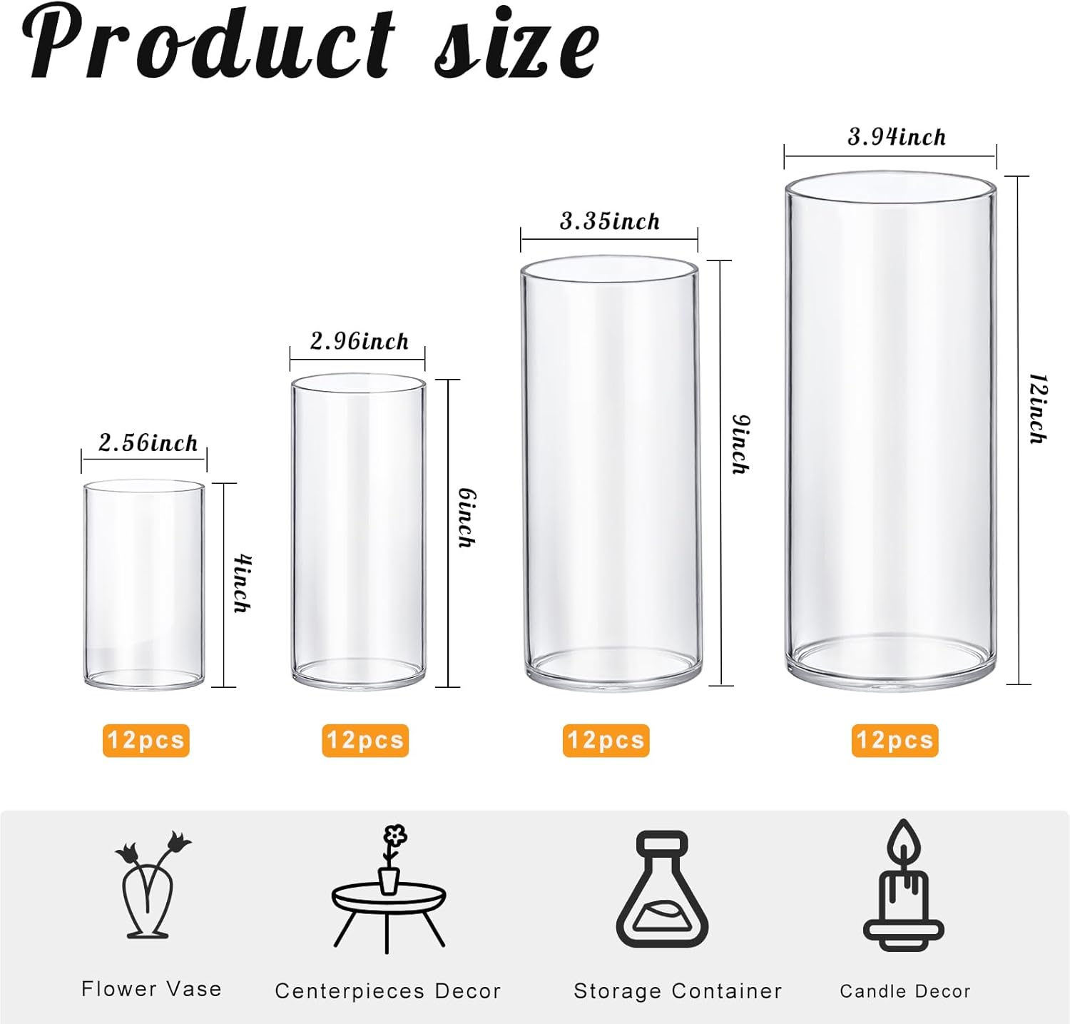 48 Pack Thick Glass Cylinder Vases 4,6,9,12 Inch Tall Clear Flower Vase Hurricane Floating Candle Holder for Table Centerpiece Wedding Home Decor