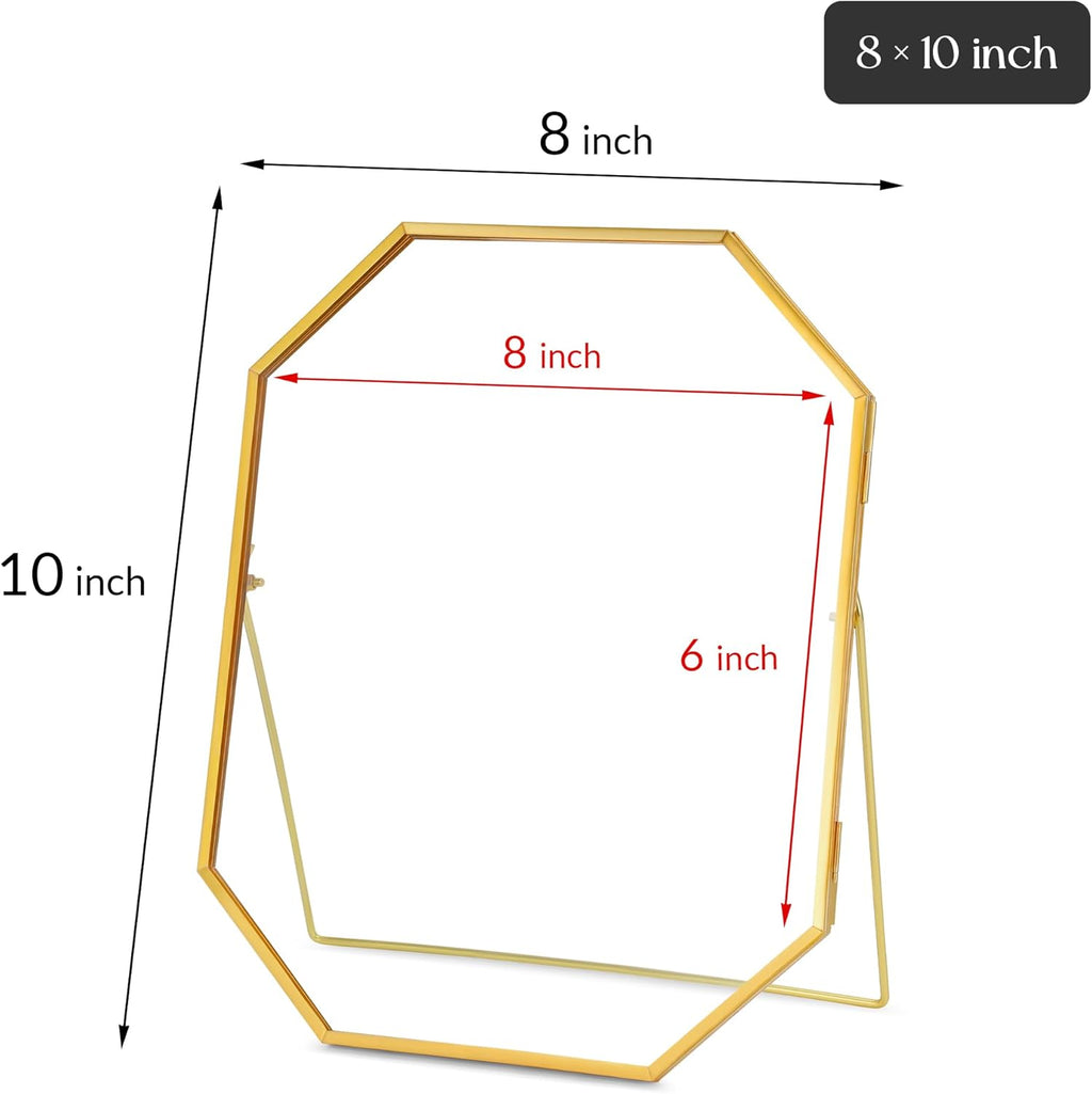Glass Pressed Flower Frame, Handmade Metal Floating Frame, Double Glass for Tabletop Display - Unique Brass Octagon, Gold, 8x10 inches