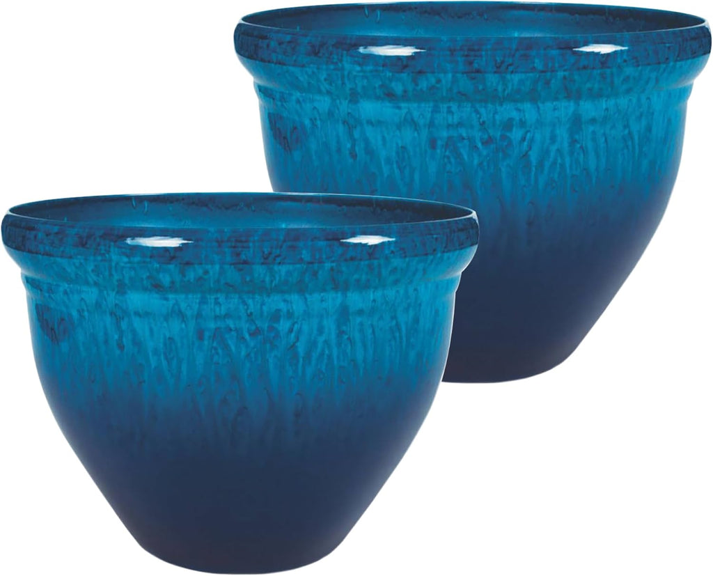 The HC Companies 20 Inch Pizzazz Round Planter Pots with Ceramic Look, Lightweight UV-Resistant Plastic Outdoor Planters, 2-Pack Flower Pots for Garden & Home Decor, Admiral Blue