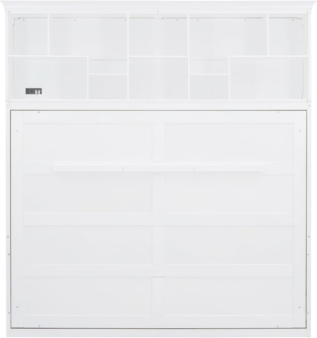 Merax Modern Farmhouse Solid Wood Murphy Cabinet Bed with Top Shelves & USB Charging, Tall Wall Platform Bed No Box Spring Needed/Easy Assemble Queen,White