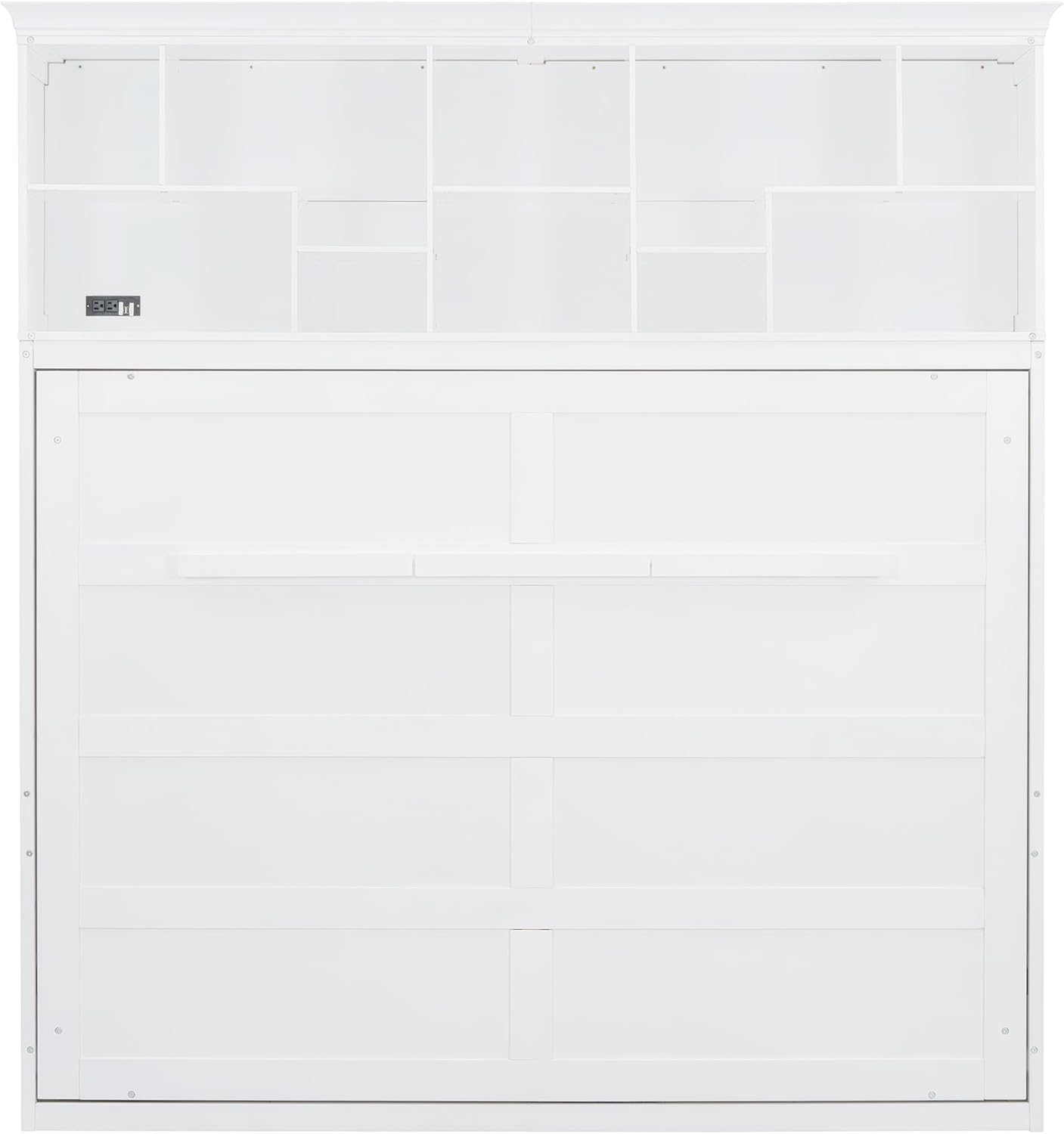 Merax Modern Farmhouse Solid Wood Murphy Cabinet Bed with Top Shelves & USB Charging, Tall Wall Platform Bed No Box Spring Needed/Easy Assemble Queen,White