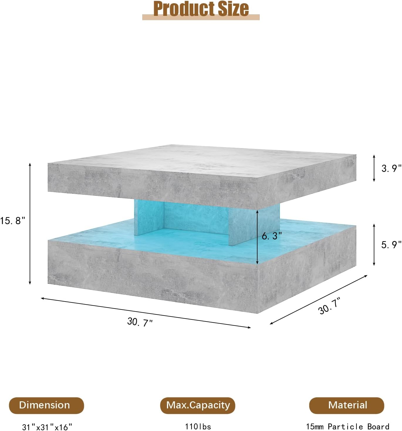 Grey LED Coffee Table for Living Room, Living Room Table 2-Tier Square Middle Center Table, Modern Coffee Tables with Storage, Contemporary Wood Tea Tables for Dining Reception